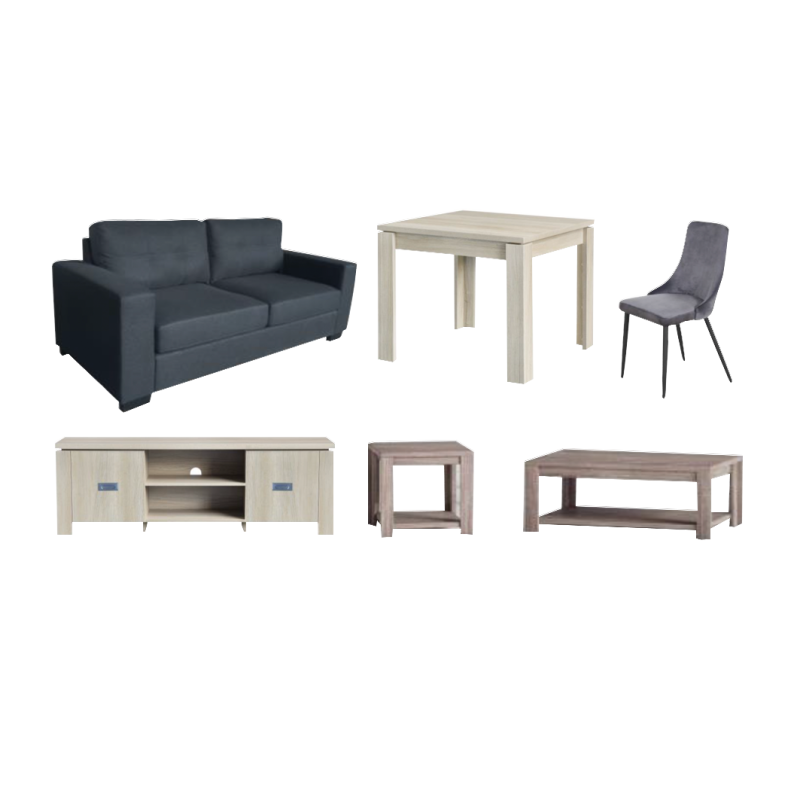 Bari 3 Seater Charlotte 4 Seater table 4 x Ezra dining chairs Charlotte 120cm EU coffee table and lamp table